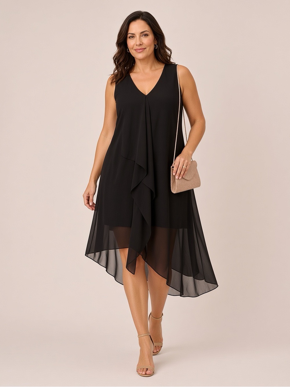 Adrianna Papell Black Asymmetrical Layered V-Neck Chiffon Dress Size 14 NWT